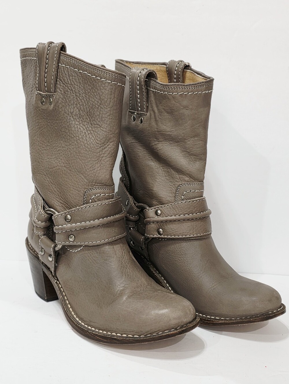 Frye 77376 GRAY Leather Boot Riding Moto Harness 12R Biker Ride Women 6.5 M Used - Picture 2 of 16